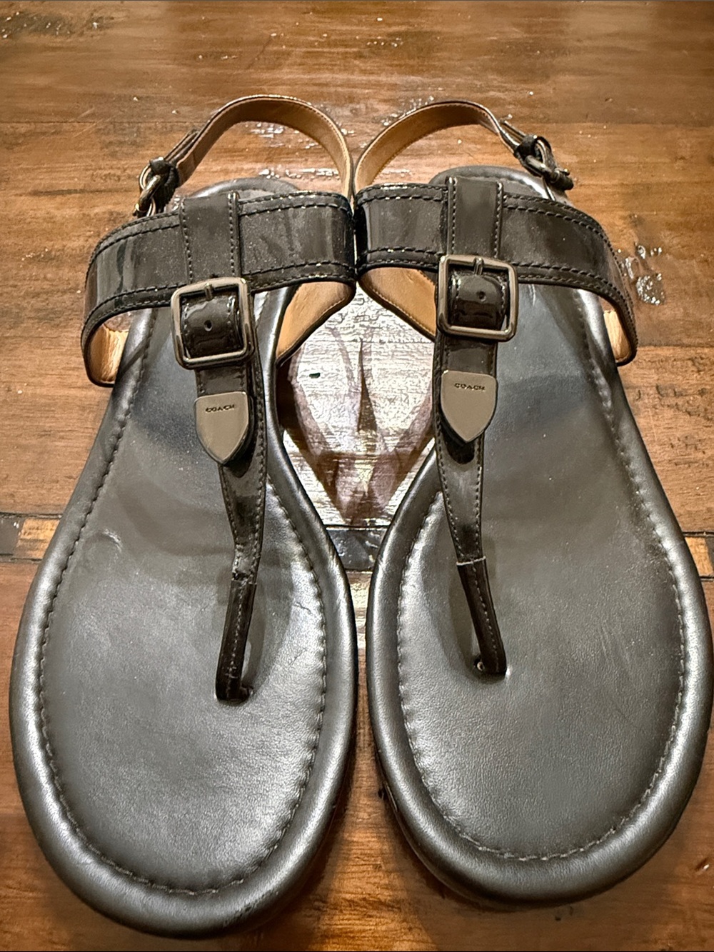 Coach Black Leather Buckle T-Strap Sandals